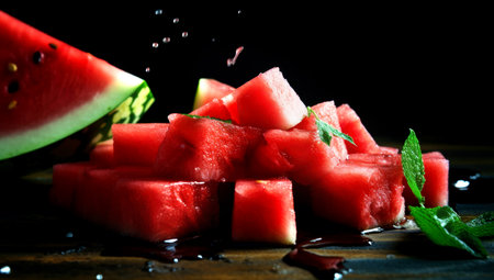 watermelon slices close-up on the board. AI Generatedの素材