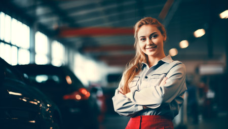 A woman repairing a car at a service station. Generated with AIの素材