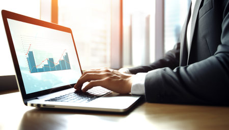 Busy working day. Side view of a successful trader or businessman working with charts and market reports on computer screens in his modern office. Generated with AIの素材