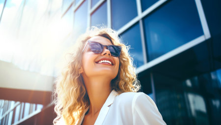 Close up portrait of middle ages professional business woman smiling outdoors business center. Smiling mature lady on an urban background. Generated with AIの素材