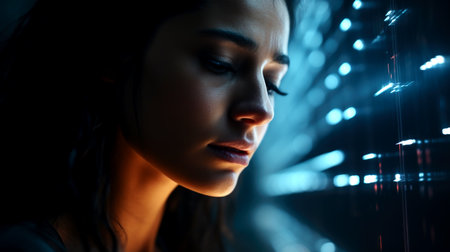 Girl closeup, futuristic concept of modern technology progression. Generated with AIの素材