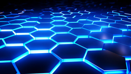 hexagon pattern of solid metal wall background black color with blue light trendy neon. Generated with AIの素材