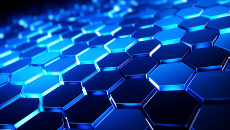 hexagon pattern of solid metal wall background black color with blue light trendy neon. Generated with AIの素材