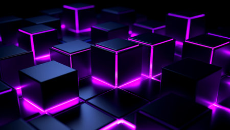 Illuminated ice cubes with pink and purple backlight on a black background. Generated with AIの素材