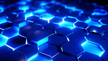 hexagon pattern of solid metal wall background black color with blue light trendy neon. Generated with AIの素材