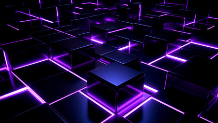 Illuminated ice cubes with pink and purple backlight on a black background. Generated with AIの素材