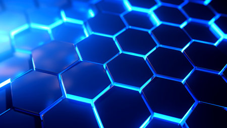 hexagon pattern of solid metal wall background black color with blue light trendy neon. Generated with AIの素材