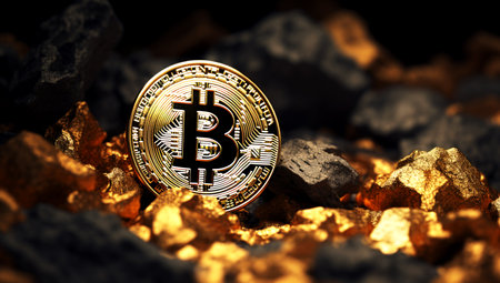 Golden Bitcoin Coin and mound of gold. Bitcoin cryptocurrency. Business concept. Generated with AIの素材