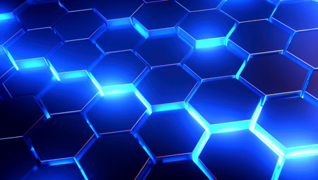 hexagon pattern of solid metal wall background black color with blue light trendy neon. Generated with AIの素材