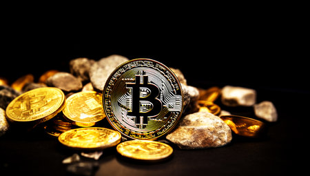 Golden Bitcoin Coin and mound of gold. Bitcoin cryptocurrency. Business concept. Generated with AIの素材
