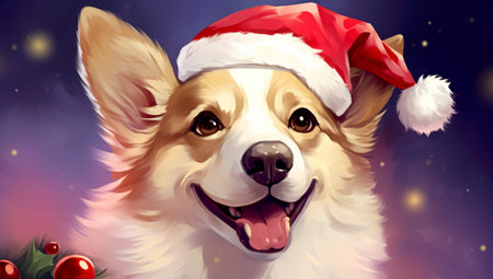 welsh corgi dog a Santa Claus hat. Generated with AIの素材