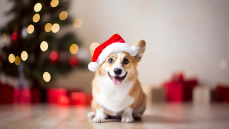 welsh corgi dog a Santa Claus hat. Generated with AIの素材