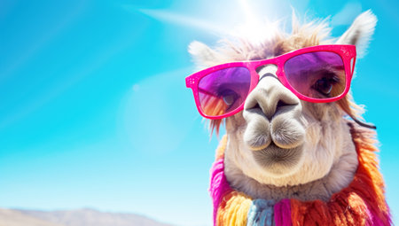 cheerfu lama in bright big sunglasses. Generated with AIの素材