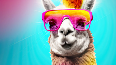 cheerfu lama in bright big sunglasses. Generated with AIの素材