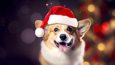 welsh corgi dog a Santa Claus hat. Generated with AIの素材