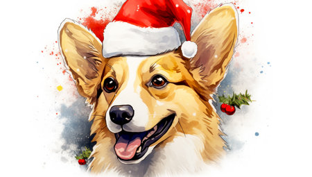 welsh corgi dog a Santa Claus hat. Generated with AIの素材
