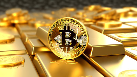 Golden Bitcoin Coin and Gold Bars. Bitcoin cryptocurrency. Business concept. Generated with AIの素材