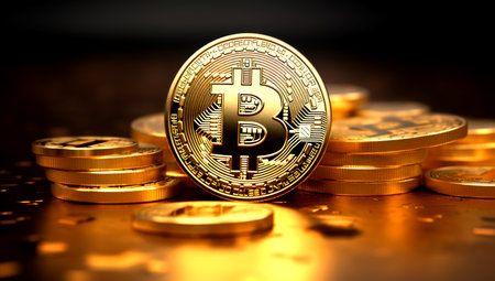 Golden Bitcoin Coin and Gold Bars. Bitcoin cryptocurrency. Business concept. Generated with AIの素材