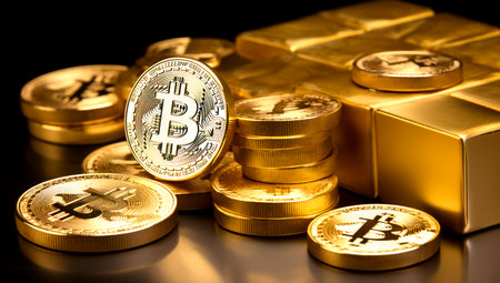 Golden Bitcoin Coin and Gold Bars. Bitcoin cryptocurrency. Business concept. Generated with AIの素材