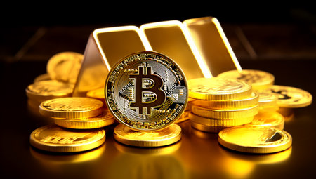 Golden Bitcoin Coin and Gold Bars. Bitcoin cryptocurrency. Business concept. Generated with AIの素材