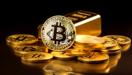 Golden Bitcoin Coin and Gold Bars. Bitcoin cryptocurrency. Business concept. Generated with AIの素材