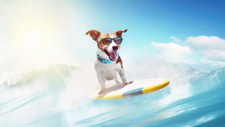 jack russell dog surfing on a wave , on ocean sea on summer vacation holidays, with cool sunglasses and flower chain. Generated with AIの素材