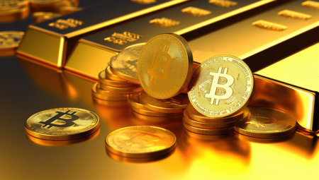 Golden Bitcoin Coin and Gold Bars. Bitcoin cryptocurrency. Business concept. Generated with AIの素材