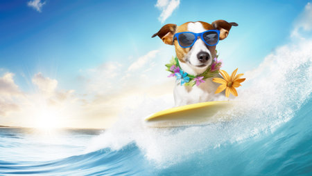 jack russell dog surfing on a wave , on ocean sea on summer vacation holidays, with cool sunglasses and flower chain. Generated with AIの素材