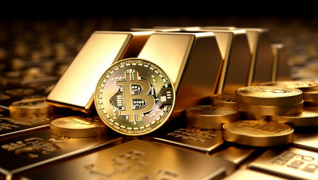 Golden Bitcoin Coin and Gold Bars. Bitcoin cryptocurrency. Business concept. Generated with AIの素材