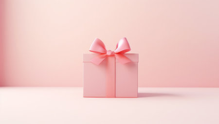 Holiday gift boxes with satin ribbon bow on a pastel pink background. Festive minimalism concept. Flat style layout. Generated with AIの素材