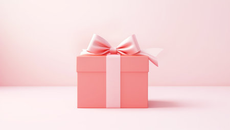 Holiday gift boxes with satin ribbon bow on a pastel pink background. Festive minimalism concept. Flat style layout. Generated with AIの素材