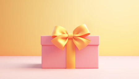 Holiday gift boxes with satin ribbon bow on a pastel pink background. Festive minimalism concept. Flat style layout. Generated with AIの素材