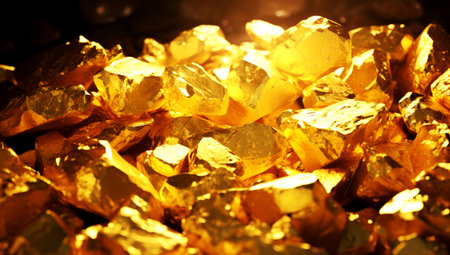 pure gold ore isolated on white background. Group of precious golden stones, A piece of raw gold digged from the mine. Generated with AIの素材