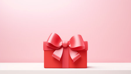 Holiday gift boxes with satin ribbon bow on a pastel pink background. Festive minimalism concept. Flat style layout. Generated with AIの素材