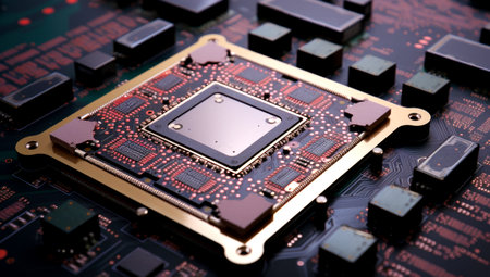 Close-up view of a modern GPU card with circuit and colorful lights and details 3D rendering. Generated with AIの素材