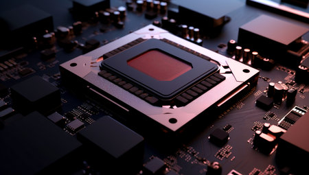 Close-up view of a modern GPU card with circuit and colorful lights and details 3D rendering. Generated with AIの素材