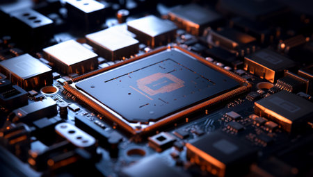 Close-up view of a modern GPU card with circuit and colorful lights and details 3D rendering. Generated with AIの素材