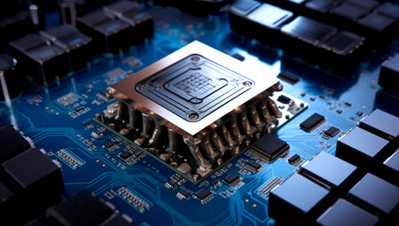 Close-up view of a modern GPU card with circuit and colorful lights and details 3D rendering. Generated with AIの素材