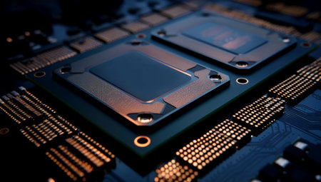 Close-up view of a modern GPU card with circuit and colorful lights and details 3D rendering. Generated with AIの素材