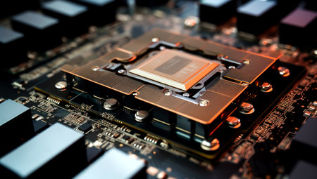 Close-up view of a modern GPU card with circuit and colorful lights and details 3D rendering. Generated with AIの素材