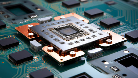 Close-up view of a modern GPU card with circuit and colorful lights and details 3D rendering. Generated with AIの素材