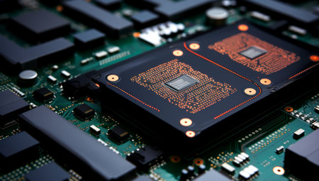 Close-up view of a modern GPU card with circuit and colorful lights and details 3D rendering. Generated with AIの素材