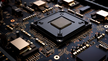 Close-up view of a modern GPU card with circuit and colorful lights and details 3D rendering. Generated with AIの素材