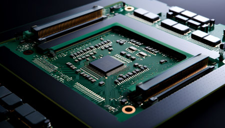 Close-up view of a modern GPU card with circuit and colorful lights and details 3D rendering. Generated with AIの素材