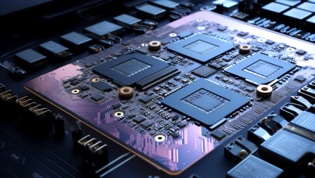 Close-up view of a modern GPU card with circuit and colorful lights and details 3D rendering. Generated with AIの素材