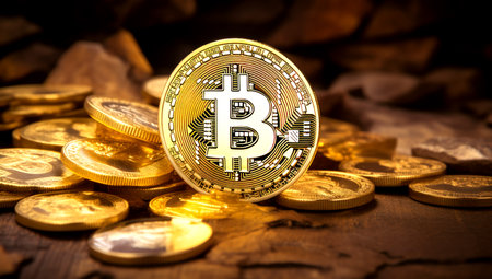 Golden Bitcoin Coin and mound of gold. Bitcoin cryptocurrency. Business concept. Generated with AIの素材
