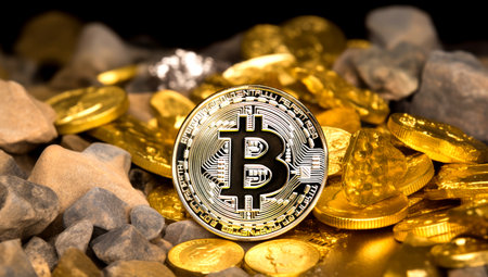 Golden Bitcoin Coin and mound of gold. Bitcoin cryptocurrency. Business concept. Generated with AIの素材