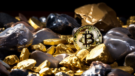 Golden Bitcoin Coin and mound of gold. Bitcoin cryptocurrency. Business concept. Generated with AIの素材