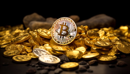 Golden Bitcoin Coin and mound of gold. Bitcoin cryptocurrency. Business concept. Generated with AIの素材
