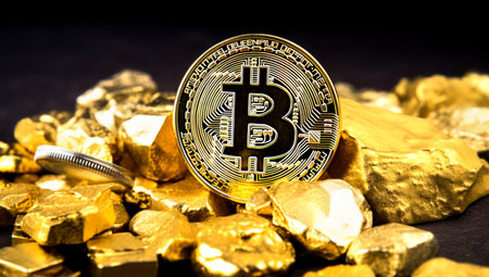 Golden Bitcoin Coin and mound of gold. Bitcoin cryptocurrency. Business concept. Generated with AIの素材